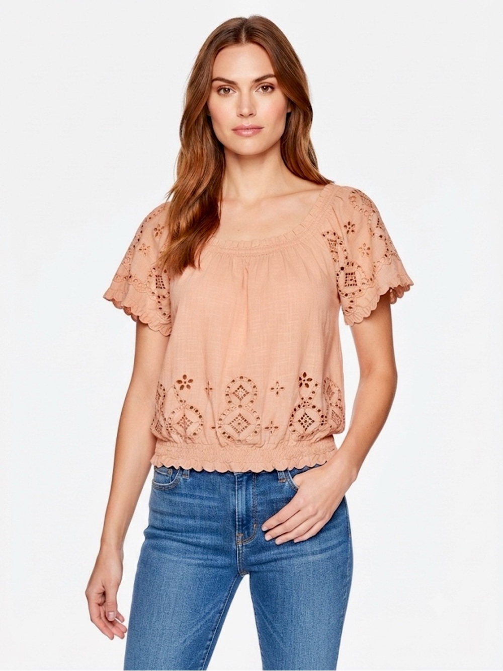 CeCe Eyelet Embroidered Cotton Peasant Top Pink Gold L Large Smocked Boho